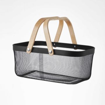 Mesh Wire Metal Storage Basket with Wooden Handle in White and Black