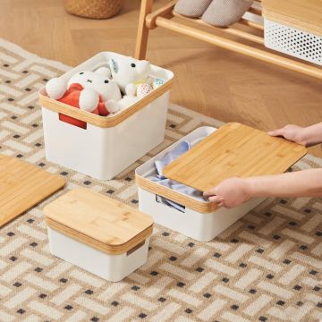 White plastic storage basket with natural bamboo lid and handles