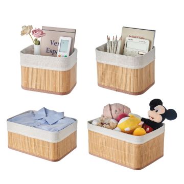 Stackable bamboo storage baskets with lining for shelf organisation