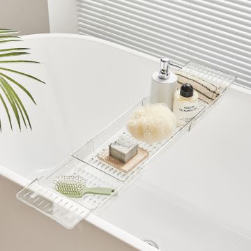 Expandable bath caddy over the bath tray