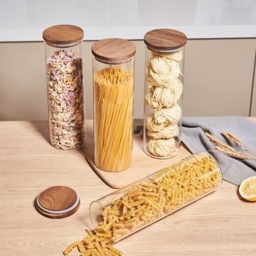 Glass kitchen storage canister jars with airtight acacia wooden lids