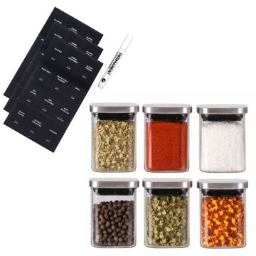 Set of 6 Square Glass Spice Jars with Stainless steel Lids and Labels