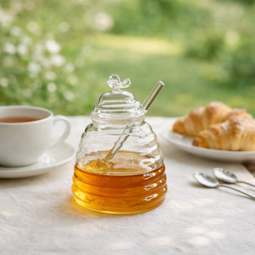 Clear glass honey pot with lid and dipper