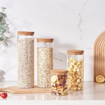Round glass jar with airtight cork lid for kitchen storage